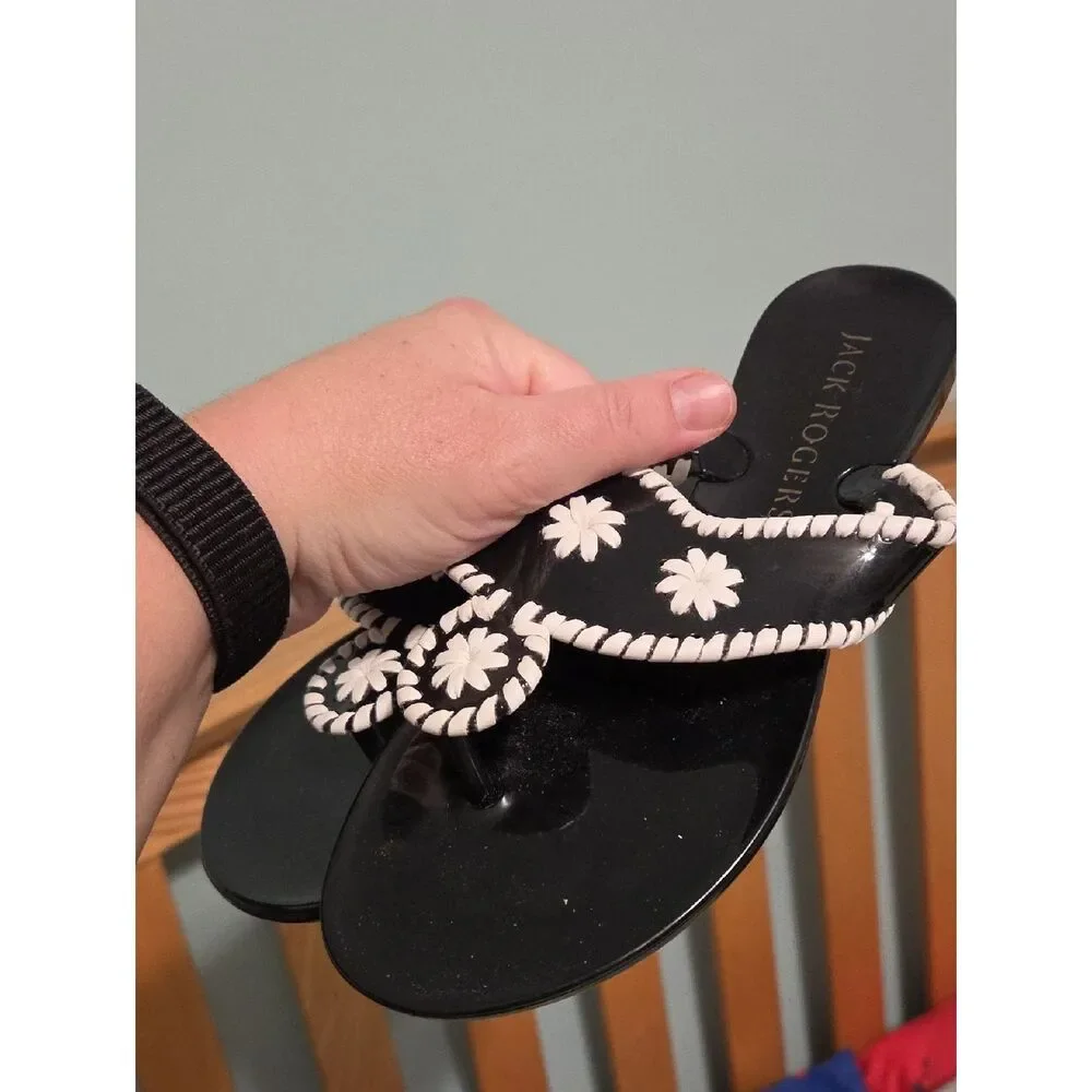Jack Rogers Black and White Daisy Whipstitch Sandals